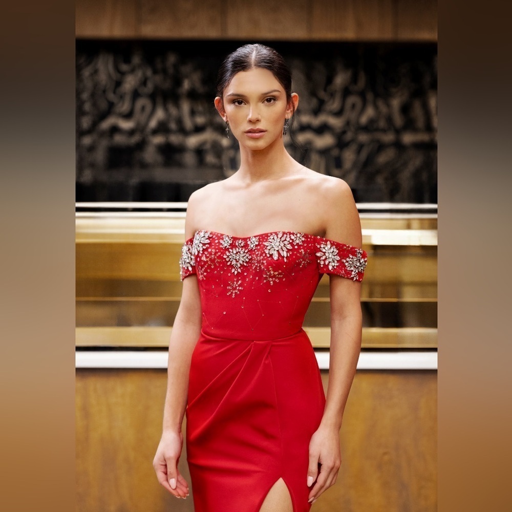 NWT Marchesa Red Embellished Gown with Slit and Off the Shoulder Neckline